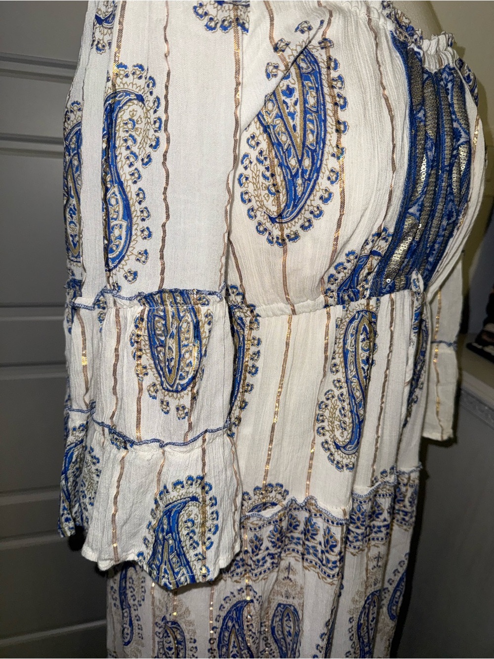 Off-Shoulder White Maxi Dress with Blue Paisley Print - Picture 3 of 11